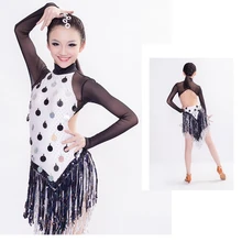 Новые высококлассные пикантные длинные сетчатые рукава Блёстки Ленточки танцевальная одежда для детей Костюмы для латиноамериканских танцев/Samba/Румба/Salsa Танцы Stage конкурс костюма