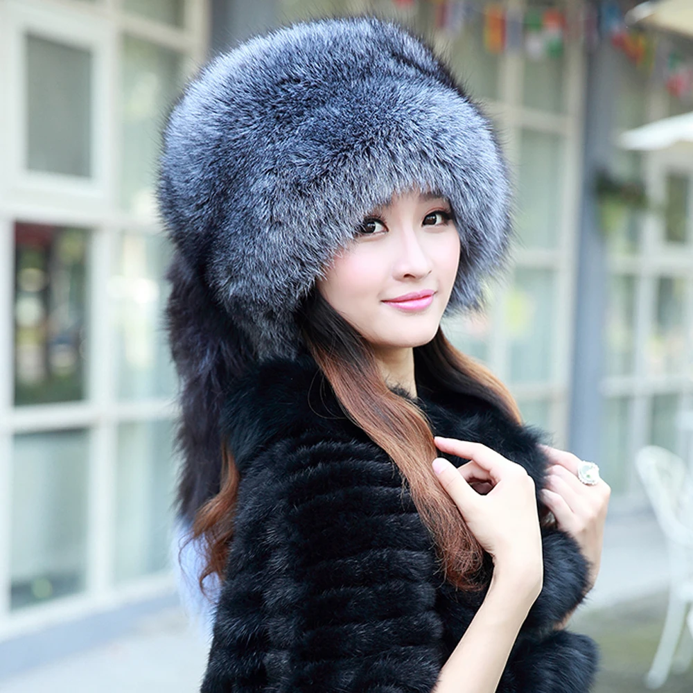 Buy women winter fur cap real fox fur bomber hat with