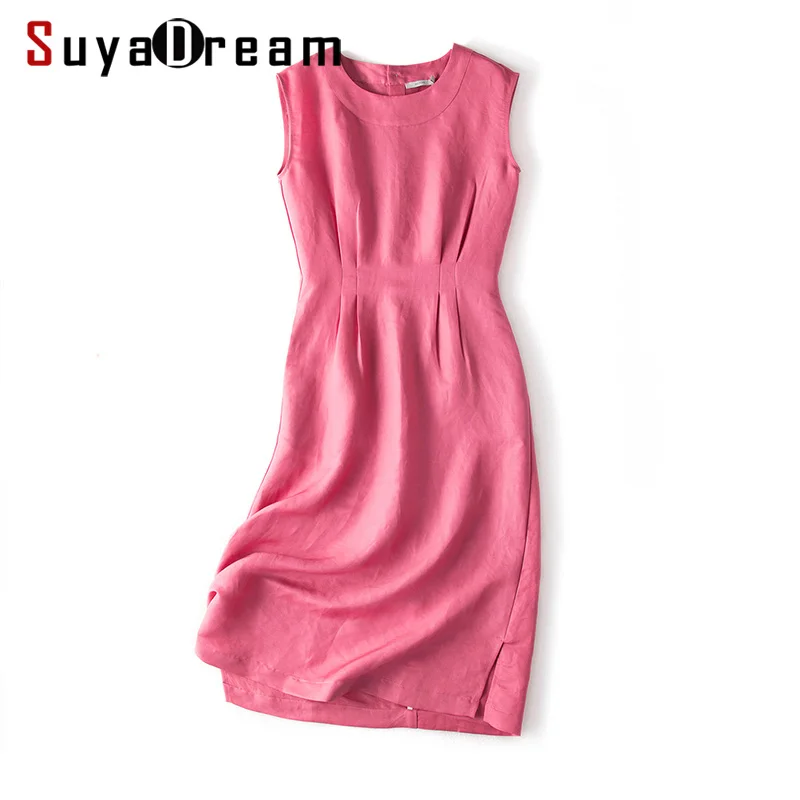 

Women Silk Dress 50%Real Silk 50%Linen Solid Office Lady Dresses for Women O Neck Silk Dress 2019 Summer New