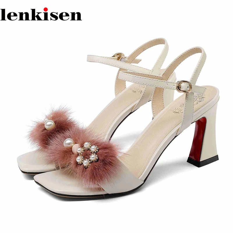 

Lenkisen 2018 new arrival genuine leather pearl real fur holiday vocation bigger size fairy women solid color summer sandals L77