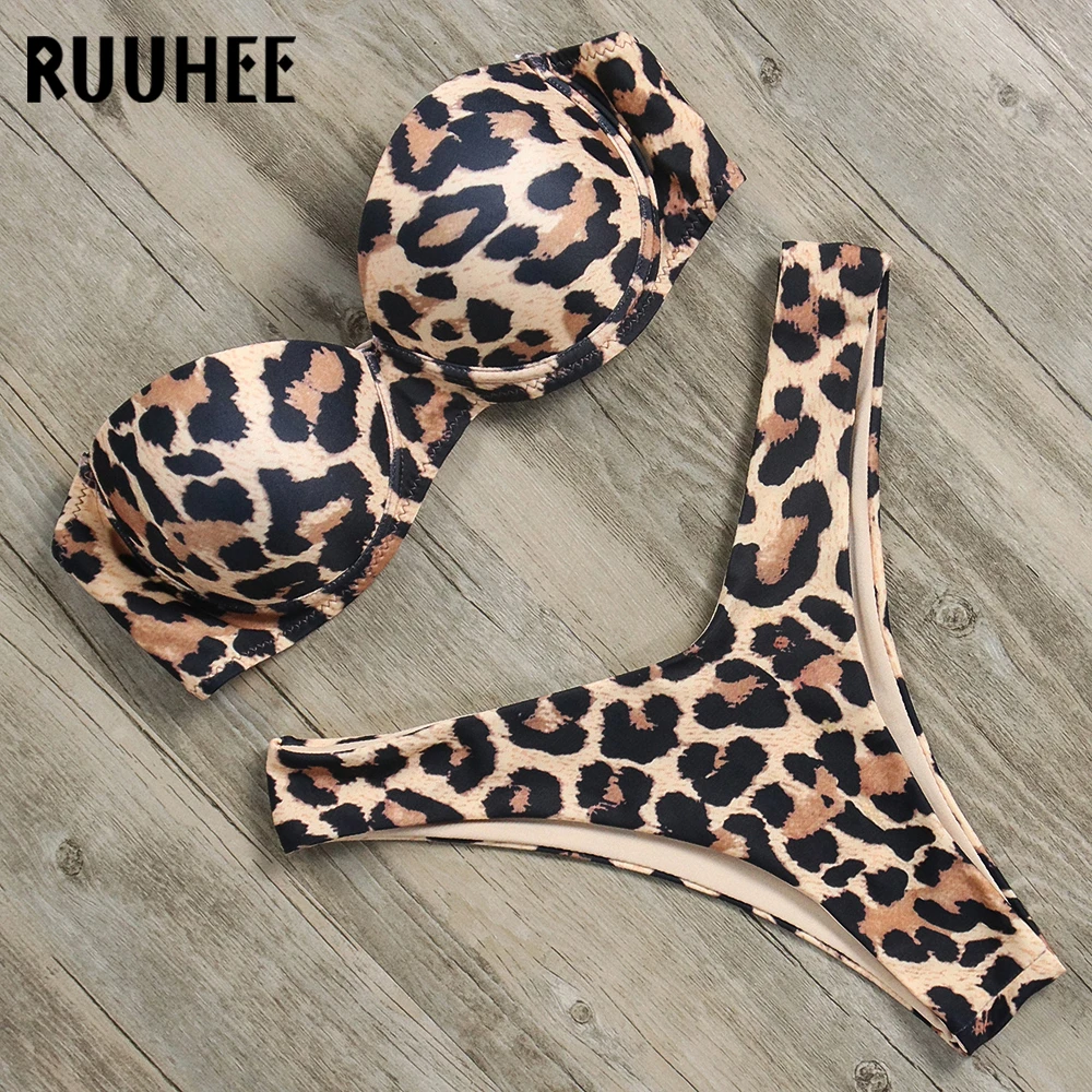 RUUHEE Bandeau Bikini Swimwear Women Swimsuit Sexy Ruffle Bikini Set Push Up Bathing Suit Female Brazilian Leopard Swimsuit 2019