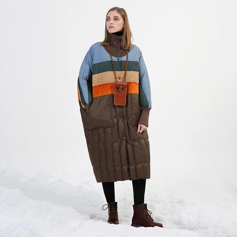 

Winter fashion brand good quality over the knee longer duck down coat female hit color knit stitching warm down coats wq530