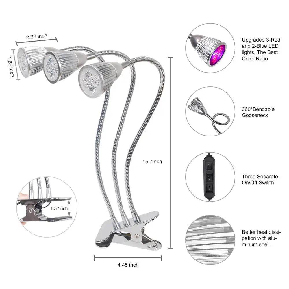 Светодиодный светильник для выращивания 15 Вт, настольная лампа с тремя головками и клипсой, с гибкой головкой на 360 градусов и 3 раздельными переключателями управления для растений