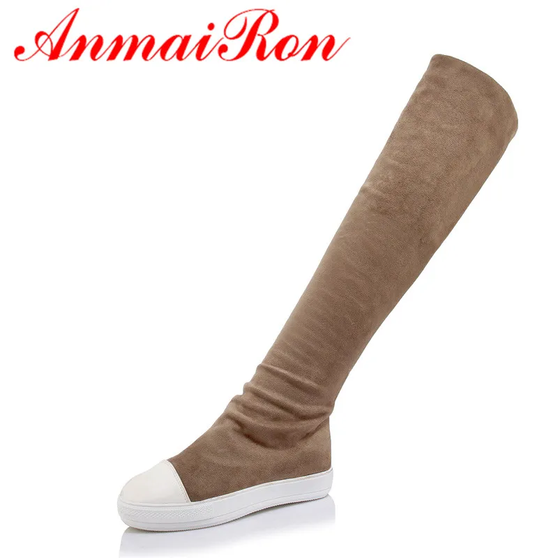 

ANMAIRON New Flock Flats Knee High Boots Women Warm Fur Platform Boots Confortable Flats Shoes Woman Slip-on Round Toe Boots