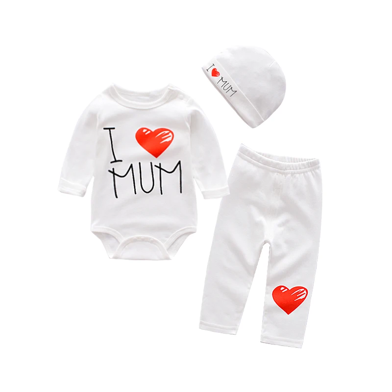 Комплекты одежды для малышей с надписью «Love mam& papa», хлопковый комплект одежды для мальчиков, костюм для новорожденных девочек, 3 предмета, боди с длинными рукавами+ штаны+ шапочка