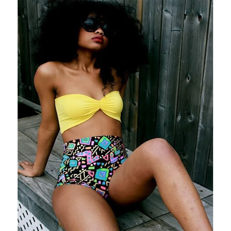 

High Waist Bikini Women 2017 New Summer Push Up Sexy Bottom Print Swimsuit Top Bandeau Female Swimwear Yellow Bathing Suit