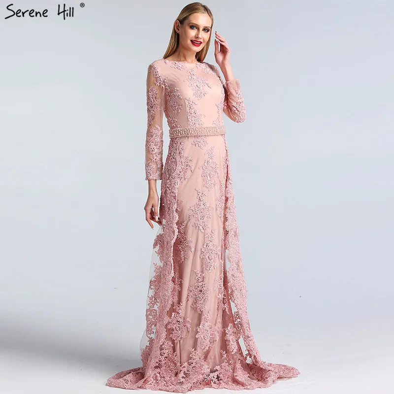 

Pink O-Neck Long Sleeves Lace Prom Gowns 2019 Pearls Sequined Mermaid Prom Party Dresses Real Photo BLA60982