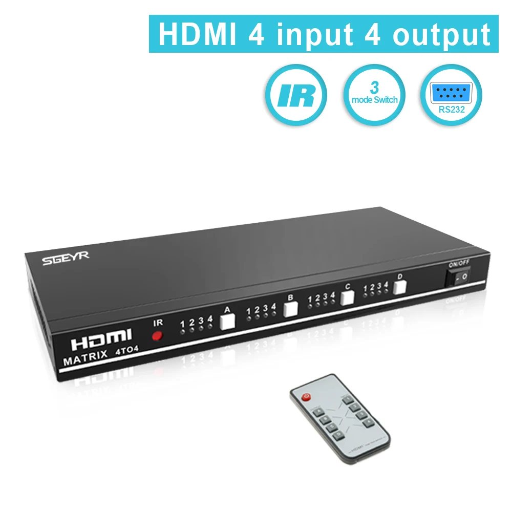 

SGEYR HDMI Matrix 4x4 HDMI Switch Switcher Splitter 4 Input 4 Output with IR Remote Control and RS232 Support 1080P HD 3D