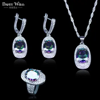 

Magic Present Mystic Rainbow Zircon Big Oval Silver Color Jewelry Sets Earrings Ring Necklace Pendant For Women