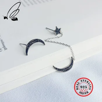 

925 Sterling Silver Jewelry Girl's Sweet Crescent Moon Star Asymmetrical Stud Earring Rose Gold Black Color Zircon Earing Gifts