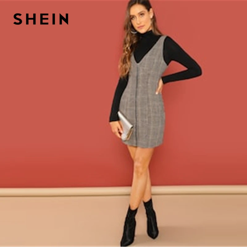 SHEIN Облегающее Платье На Молнии Женское Многоцветное Платье В Клетку С V-Образным Вырезом Без Рукавов