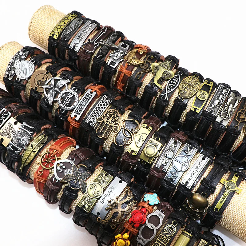 atacado pulseiras de couro de metal charme para homens pulseiras de punho de pulso vintage para mulheres presentes estilo de mistura de jóias