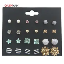 

OATHYAN 12PAIRS/SET Summer Style Delicate Blue Crystal Rhinestone Ear Stud Set Cute New Design Small Pearl Stud Earrings Set