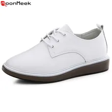 MoonMeek/Новые модные женские туфли черного и белого цвета; женские туфли на плоской подошве из натуральной кожи с круглым носком; повседневные тонкие туфли со шнуровкой