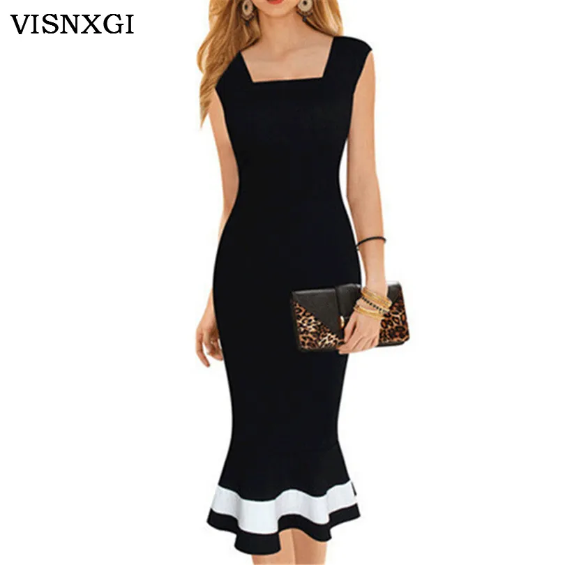 New Elegant Women Summer Square Neck Dress Patchwork Mid Calf Length