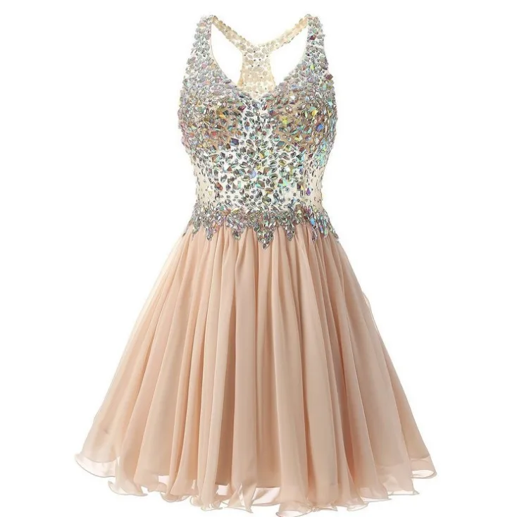 

2019 New Mini Champagne Homecoming Dress Party Dresses Sleeveless With Beading Deep V Chiffon Prom Evening Dresses A Line