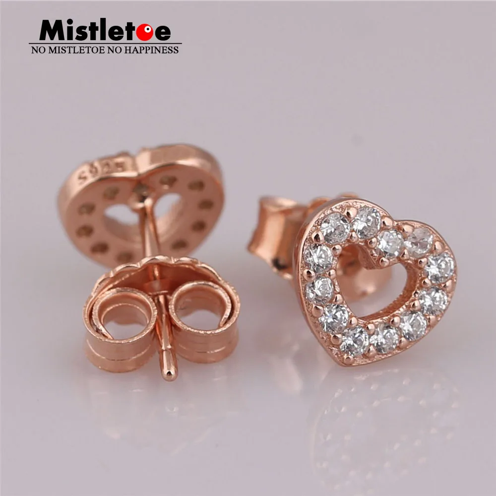 Подлинные 925 пробы серебряные серьги-гвоздики в форме сердца, Роза и прозрачный CZ совместимы с европейскими ювелирными изделиями