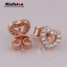 Подлинные 925 пробы серебряные серьги-гвоздики в форме сердца, Роза и прозрачный CZ совместимы с европейскими ювелирными изделиями