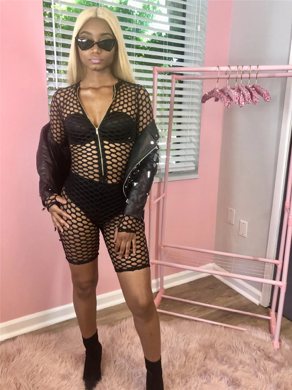 Women Rompers Net Mesh Hollow Out Jumpsuit Summer Short Overalls Jumpsuit Female Long Sleeve Zipper Playsuit