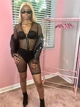 Women Rompers Net Mesh Hollow Out Jumpsuit Summer Short Overalls Jumpsuit Female Long Sleeve Zipper Playsuit