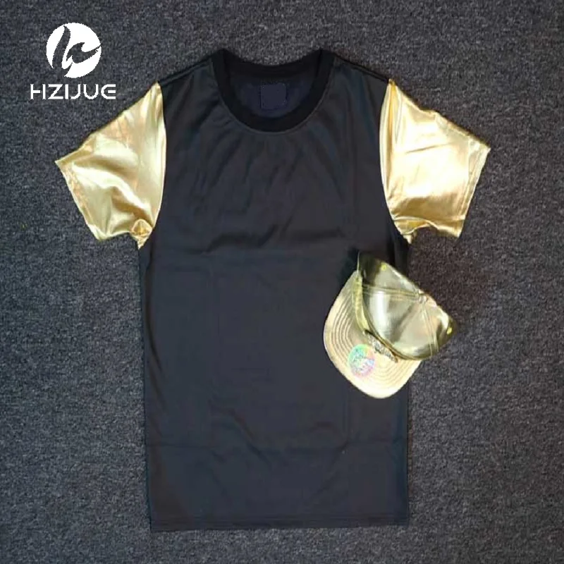 HZIJUE брендовая одежда Новая летняя футболка мужская мода pu кожа хип-хоп Футболка короткий рукав Футболка homme