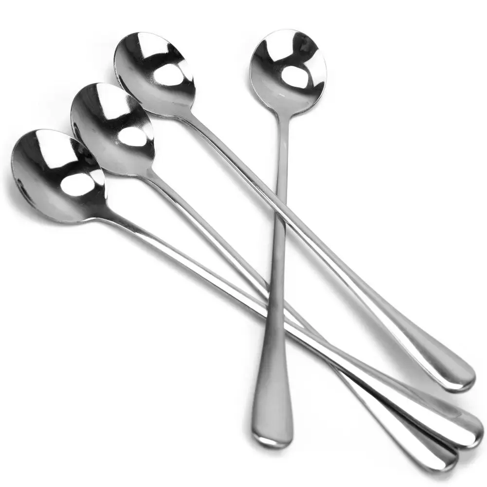

4Pcs Silver Stainless Steel Flatware Tea Latte Coffee Dessert Spoons Long Handle