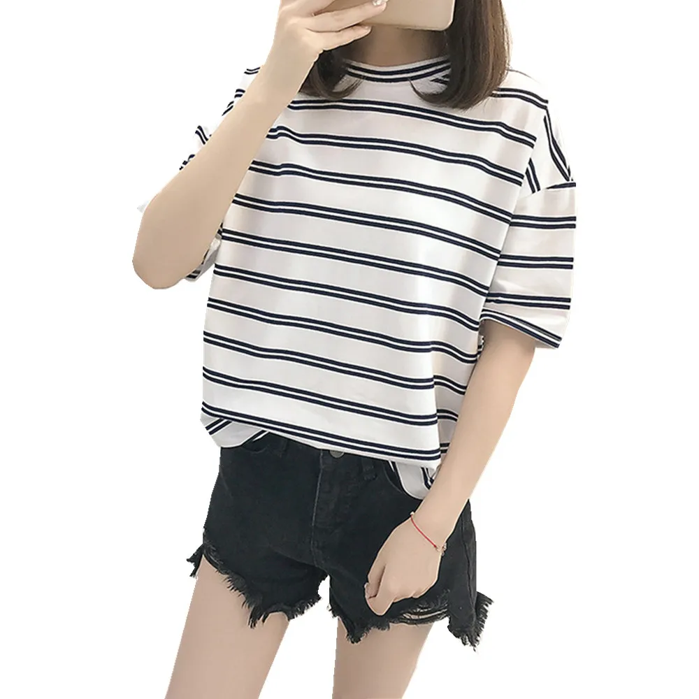 2018 New Summer Women Short Sleeve O Neck Striped T shirt