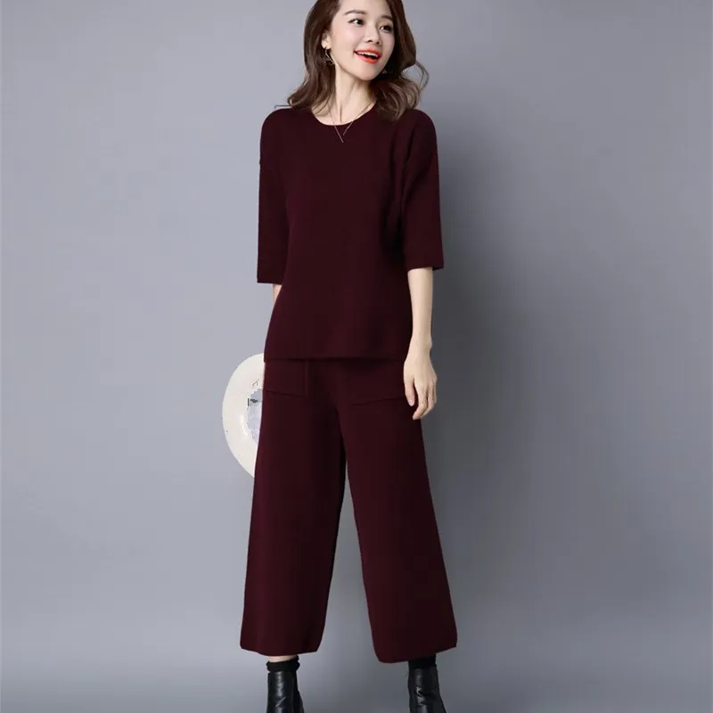 2018 Women Knitted Suit Elegant Three Quarter Sleeve Pullover Sweater ...