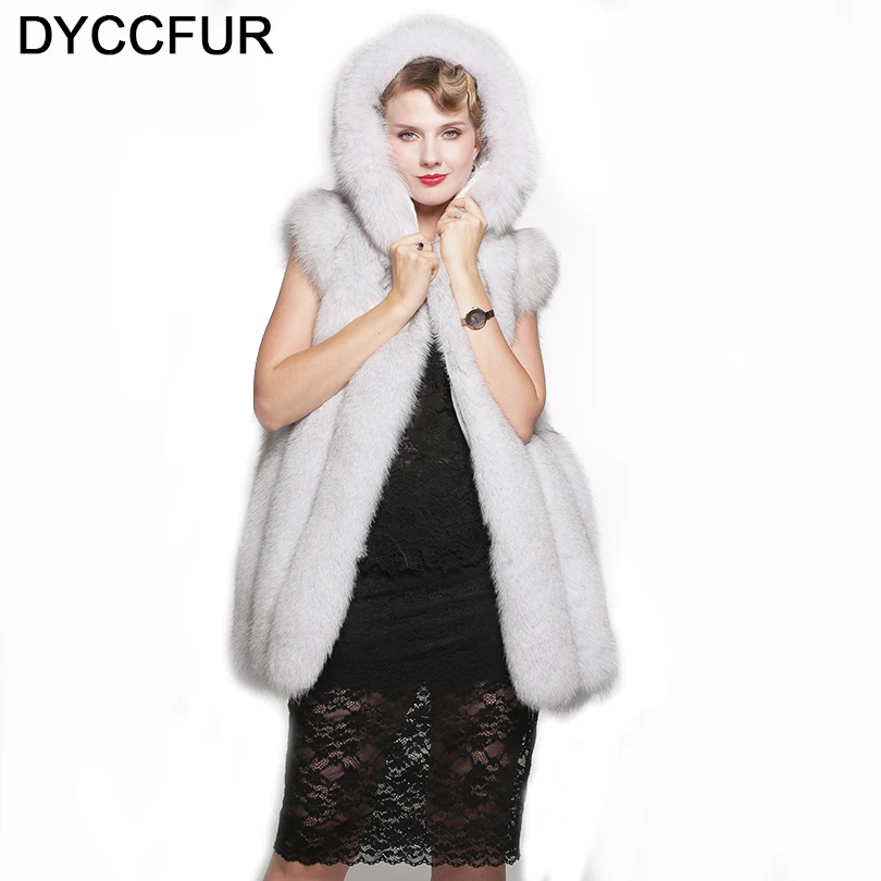 DYCCFUR Natural Hooded Fox Fur Vests Coats Women Winter Luxury Elegant