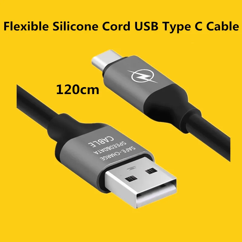 Flexible Silicone USB Cable 2A Fast Charger 120CM Type C Data Line For