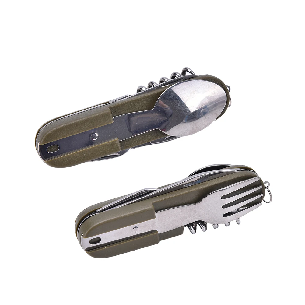 1 Unid Bolsillo Plegable Herramienta Cuchillo Cubiertos de Acero Inoxidable Cuchara Tenedor Abrebotellas Senderismo Viaje Camping Herramientas