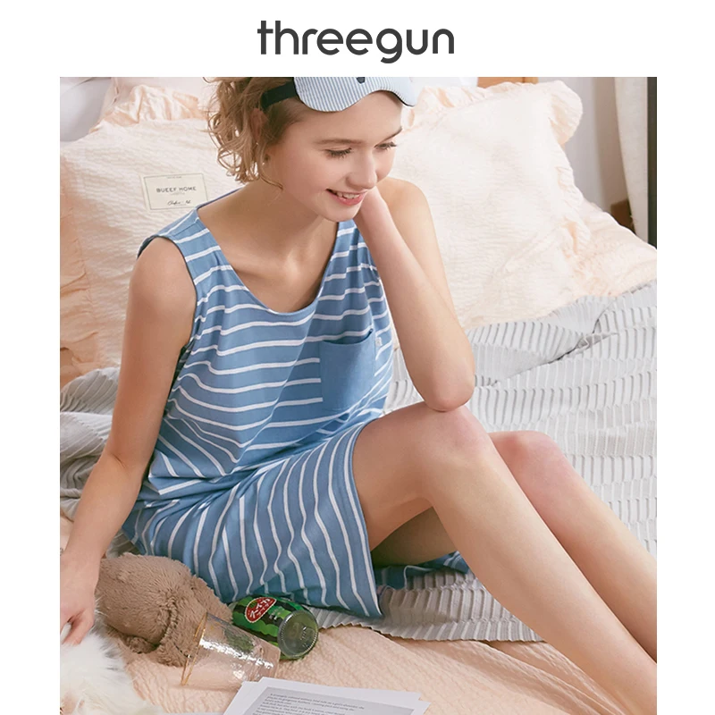 THREEGUN 2019 Новая модная ночнушка женское хлопковое Полосатое домашнее платье без