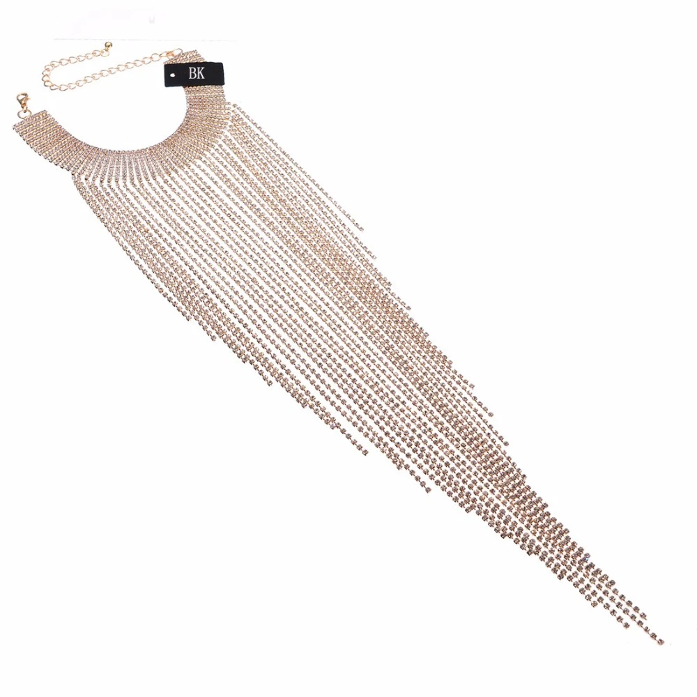 New Chain Tassels Necklace Collar Bib Crystal Pendants Choker Statement Necklace 