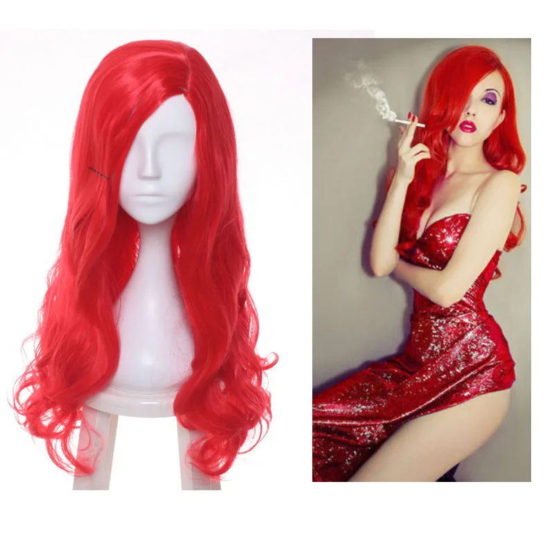

65cm Red Curly Long Synthetic Hair jessica rabbit Cosplay Wigs + Wig Cap