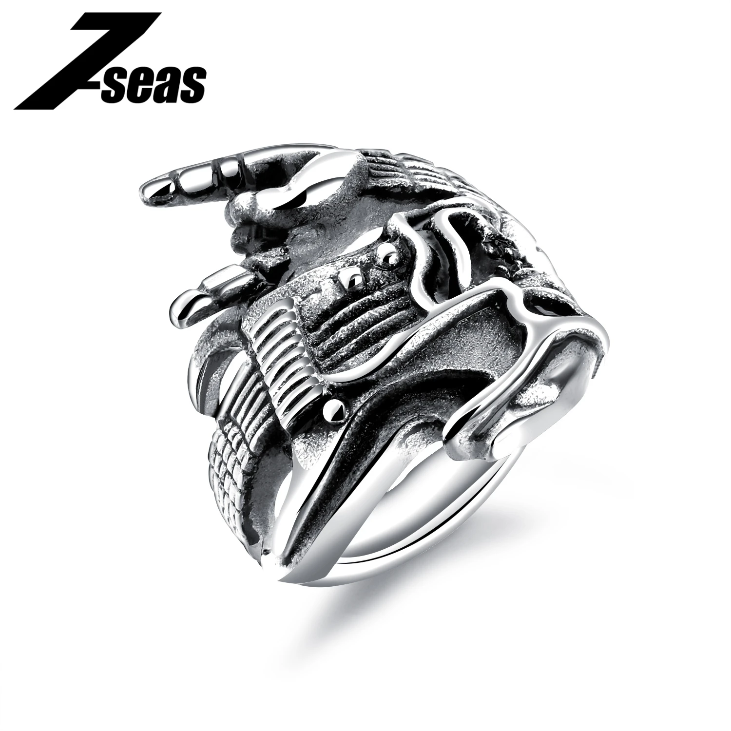 7 морей Рок Хип-Хоп череп Гитары победы жест Дизайн кольцо для Для мужчин Винтаж Прохладный палец кольцо 316L Нержавеющая сталь, 2 цвета 602