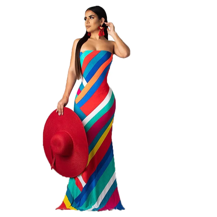 

2019 new women colorful stripes straps slinky mermaid dress maxi bikinis beach party club dresses long beach outfit