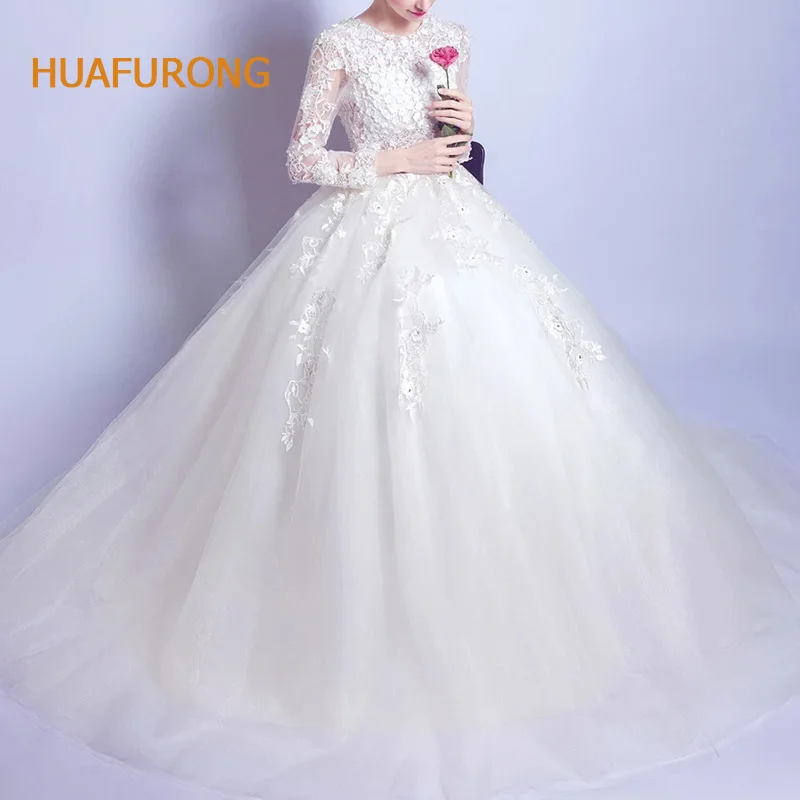 

Huafurong Illusion Lace O-neck Muslim Wedding Dress Long Sleeve Floral Appliqued Bridal Ball Gown For Women Lace Up