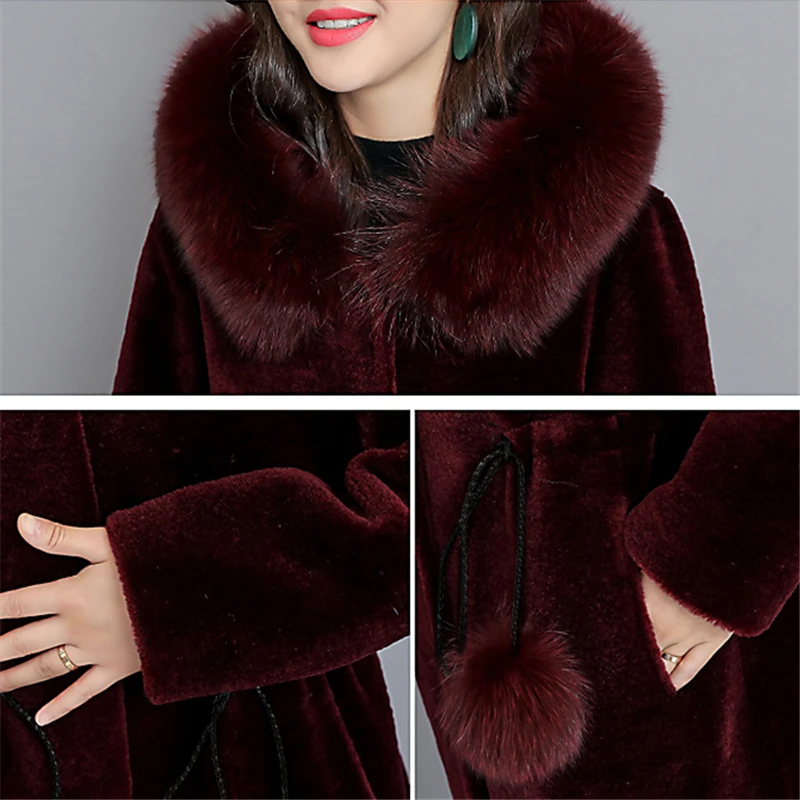 Fox Fur Collar Hooded Faux Fur Coat Women Winter Long Fake Fur Jacket Women Overcoat Plus size Elegant Thick Warm Outwear Female