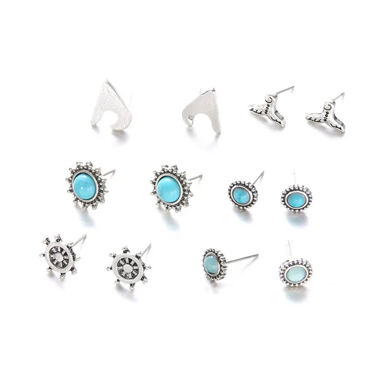2018 Trendy stud earrings for women Girls Jewelry Blue gemst Rudder Of A Fish Tail Ship Bohemia Stud Earrings Brincos J04#N (2)