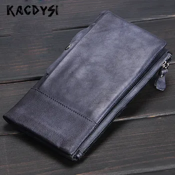 

Nature Cow Leather Hand Colored Long Mens Wallets Zipper Vintage Soft Day Clutches Luxury Purse Phone Bag Man Credit Card Holder