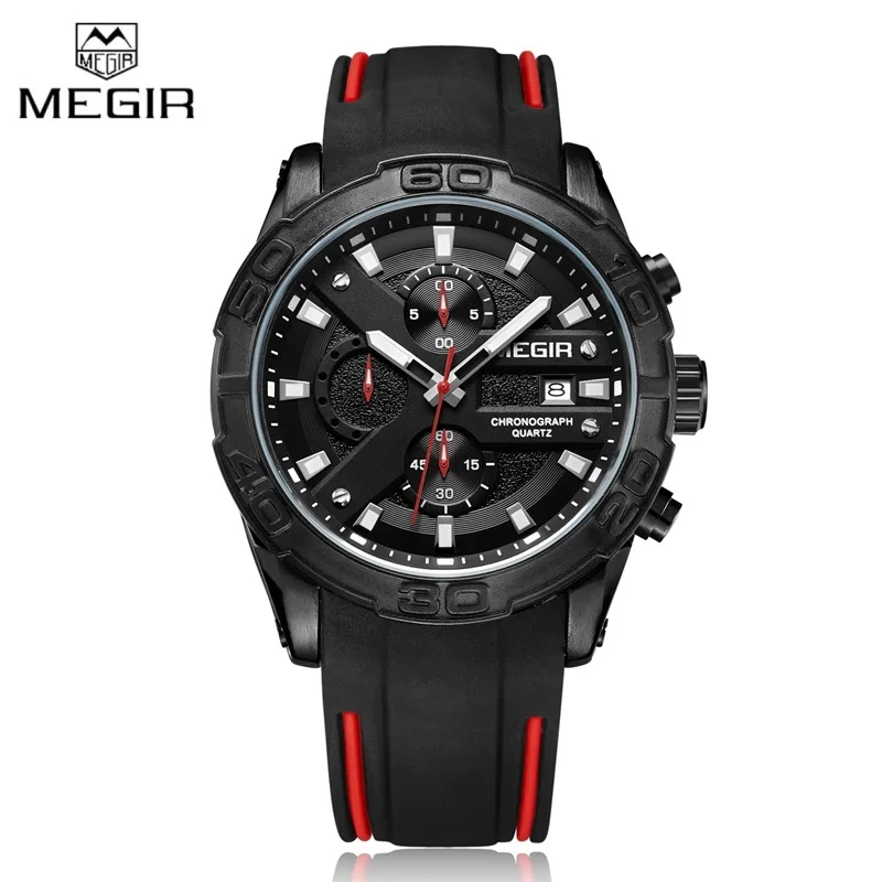 Top Luxury Brand MEGIR Black Silicone Band Chronograph Quartz Watch Men Waterproof Sports Wristwatch Clock Man Relogio Masculino