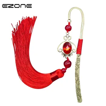 

EZONE Retro Metal Hairpin Bookmark With Tassel Fringe Book Holder Red/Green/Blue Chinese Ethnic Style Book Marker Stationery