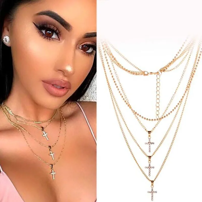 

New Luxury Women Jewelry Multilayers Chain Choker Necklace Crystal Cross Pendant Choker Necklace For Party Accessories