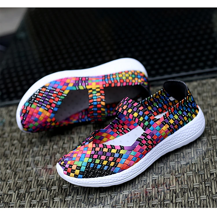 Womens Shoes Summer Sneakers Breathable Casual Flats Female Woven Shoes Slip On Ladies Loafers Handmade Sneakers Big Size 42