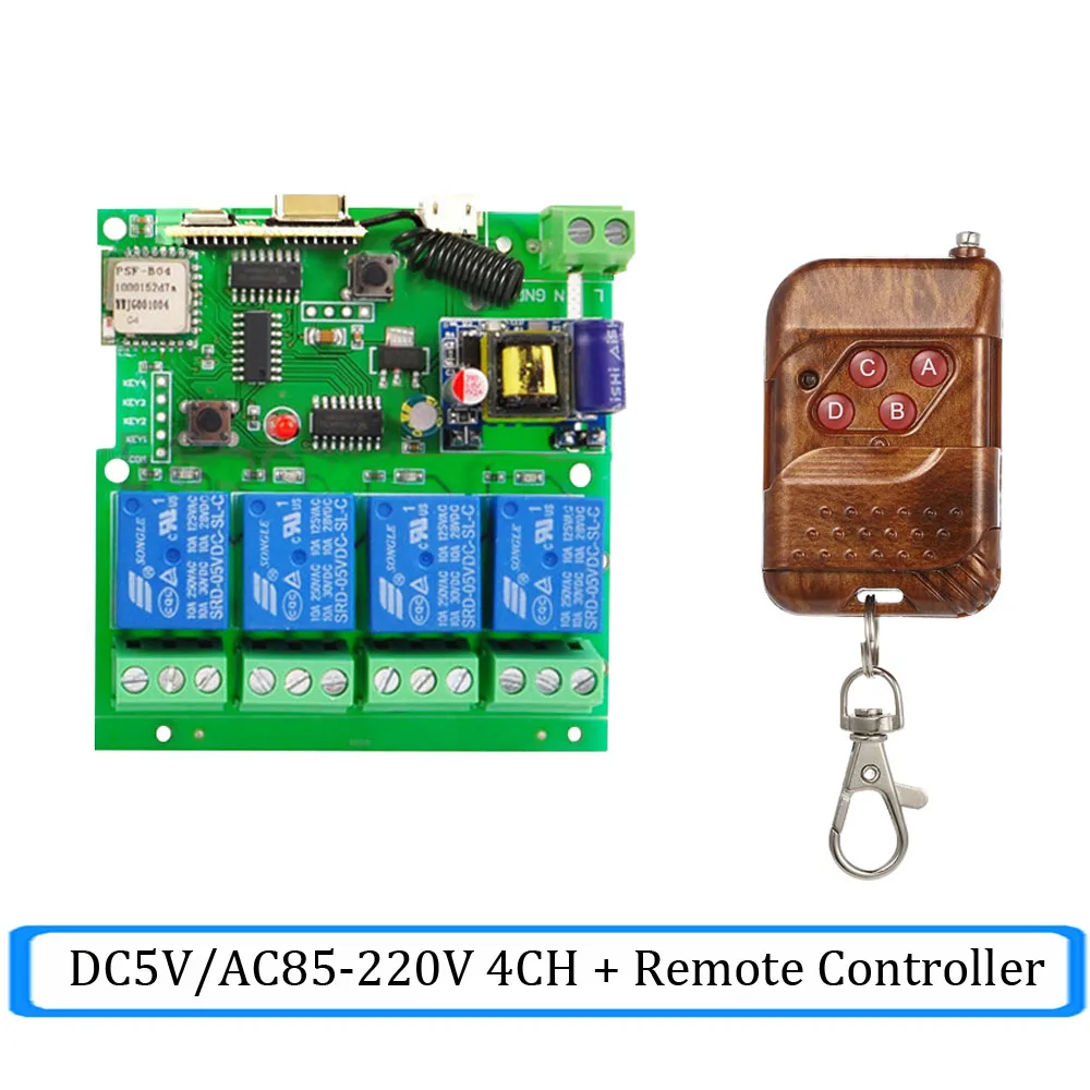 AC85-220V, 5 В, модули домашней автоматизации, Jog Inching, Wi-Fi, беспроводной смарт-переключатель, реле, радиочастотный приемник, 433 МГц, пульт дистанционного управления, 4CH - Комплект: DC5V AC85-220V 4ch