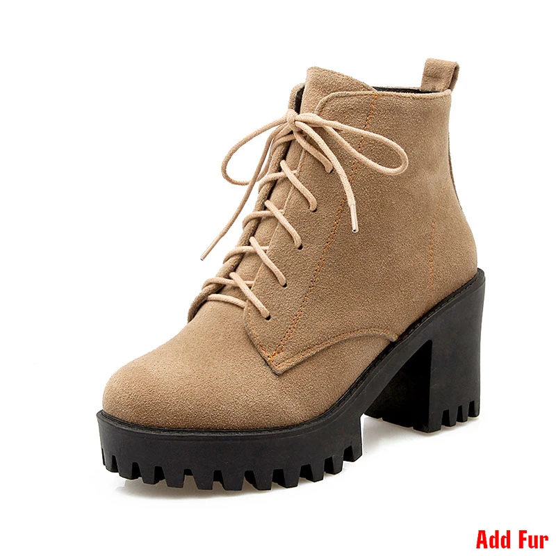 J& K/Большие размеры 34-43; Модные ботильоны из нубука на шнуровке; обувь на платформе и толстом высоком каблуке; женские нескользящие зимние ботинки на меху - Цвет: brown with fur