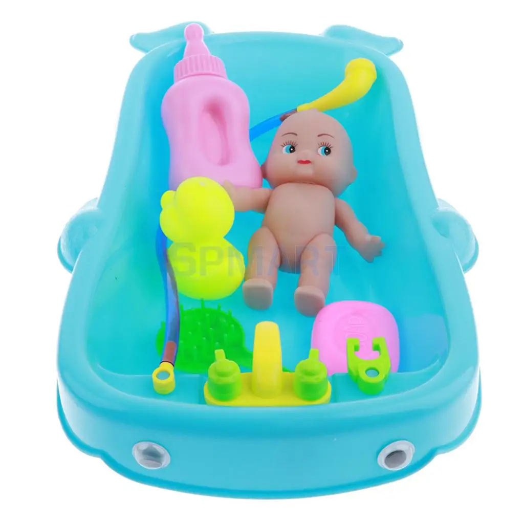 Set of Kid Baby Role Pretend Play Game Taking Care Doll Bath in Bathtub Developmental Educational Water Toy w/ Doll Gift