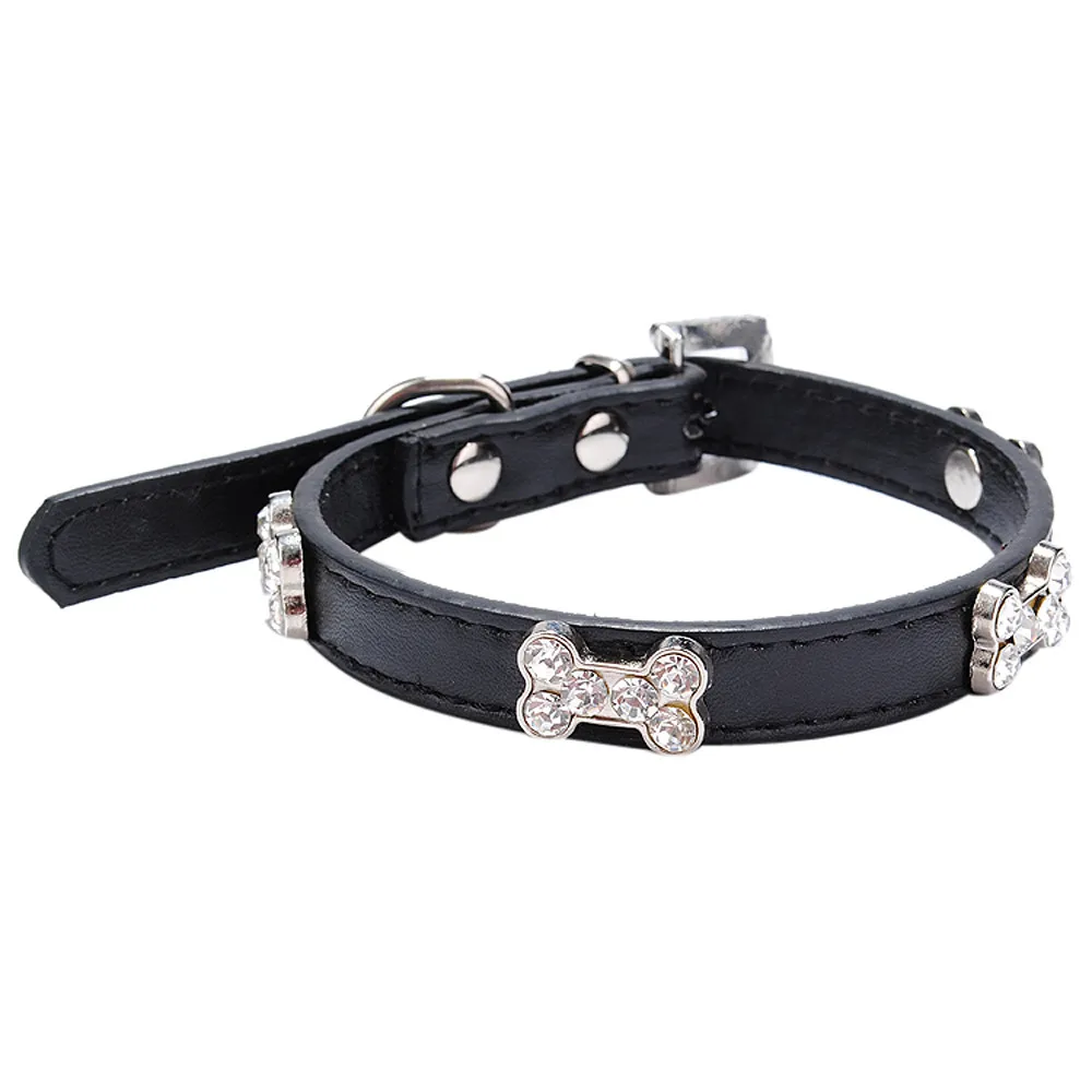 1 PC Dog Collar Bling Crystal With Bone Necklace Pet Puppy Cat Leather