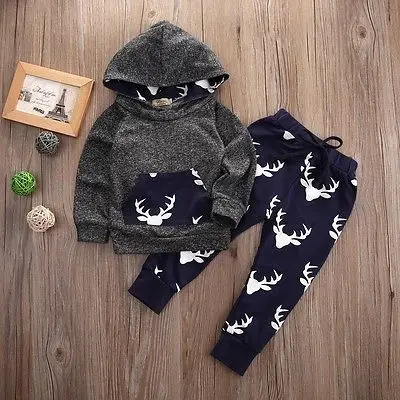 New Baby Boy Girl Deer Hoodie Sweatsuit Pants Leggings 2pcs Outfits Set Costume