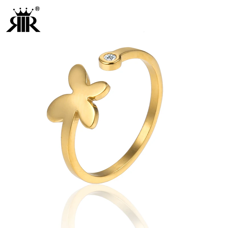 

RIR Newest Gold Butterfly Adjustable Finger Rings Clear AAA Crystal Wedding Ring For Women Fashion Christmas Gift